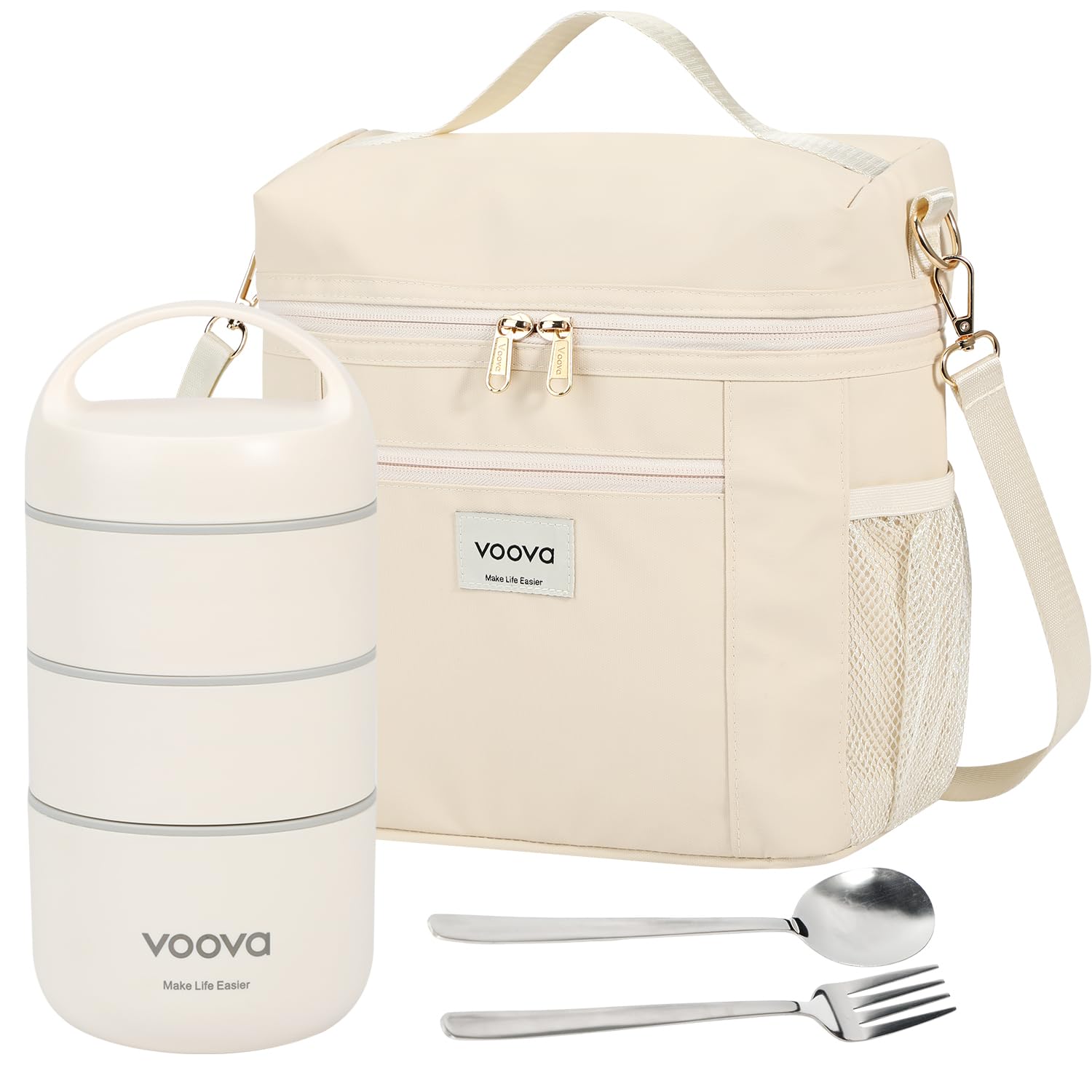 Voova Stackable Stainless Steel Thermal Lunch Box with Lunch Bag and cutlery