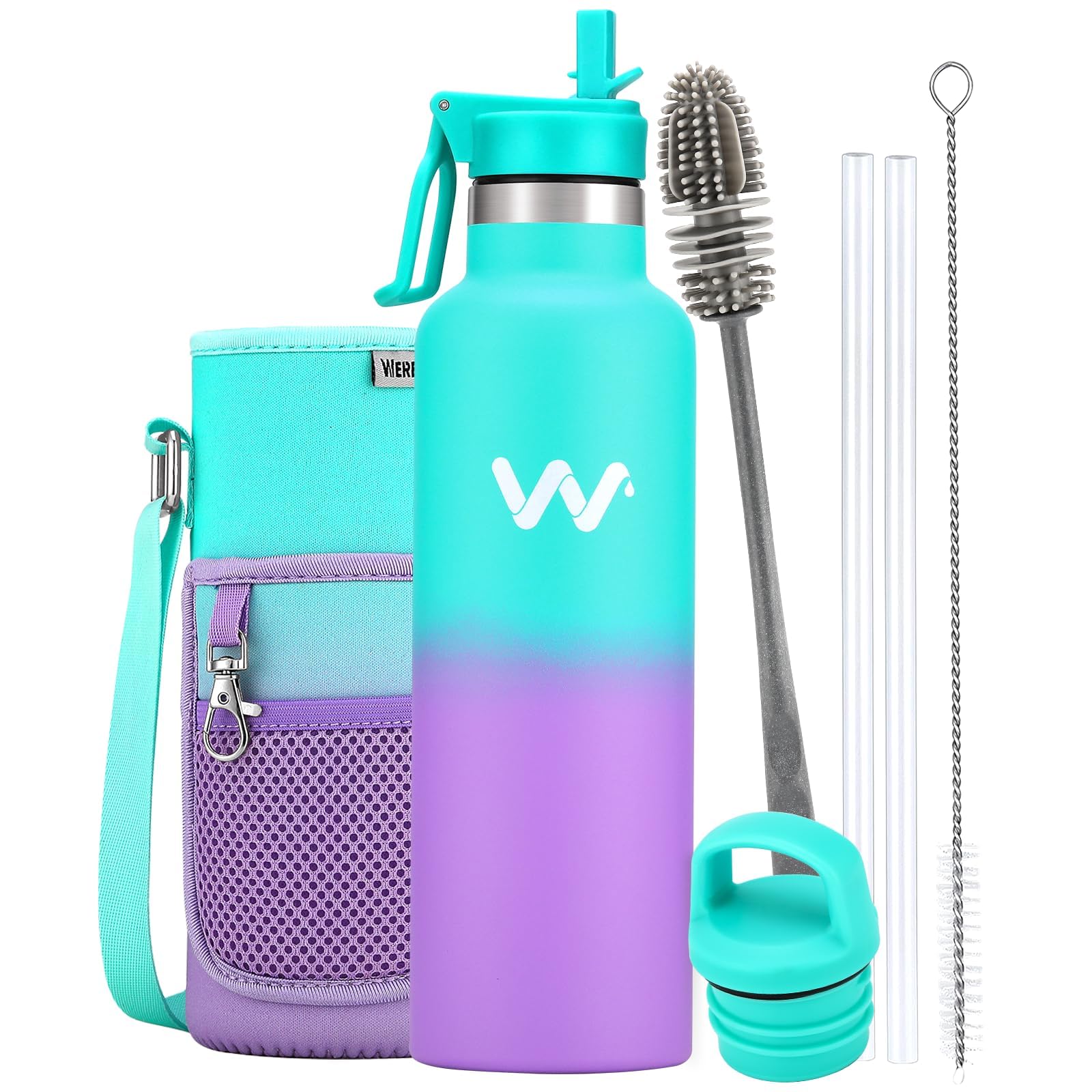 WEREWOLVES Insulated Water Bottle with Straw Lid & Handle Lid Stainless Steel Water Bottle with Carrier Bag Holder Reusable Vacuum Narrow Mouth Leak-Proof Bottle for Biking