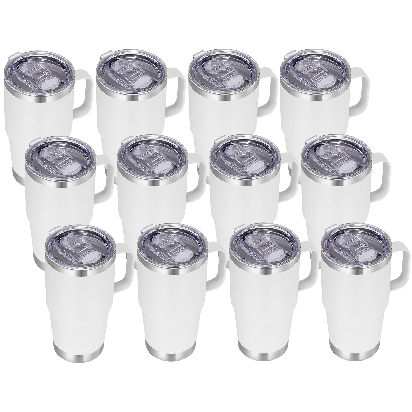 VEGOND 20 oz Tumbler Bulk with Handle Lid and Straw Stainless Steel Insulated Travel Coffee Mug Set Spill Proof Double Wall Metal Tumblers Cups New White 12 Pack