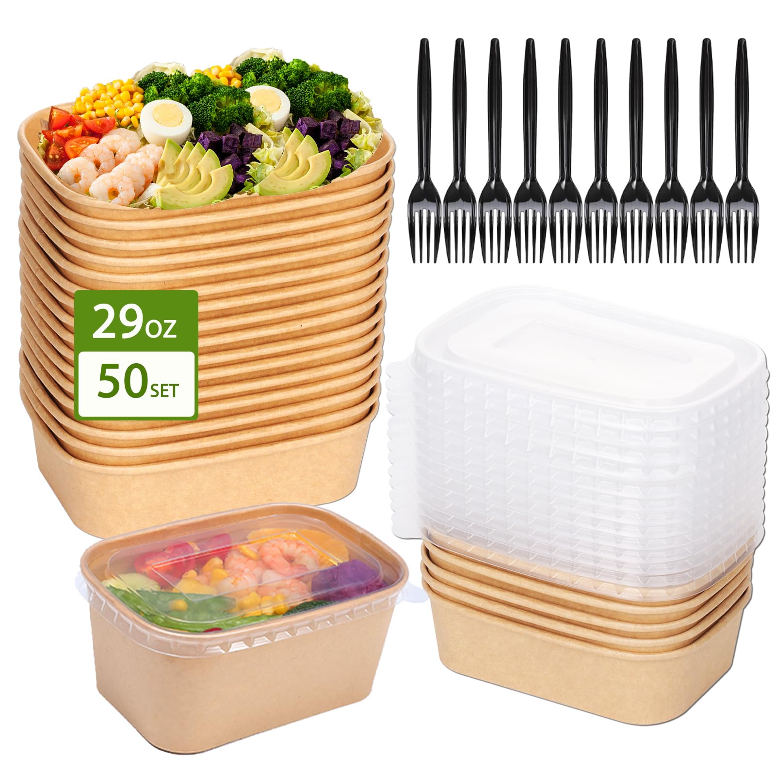 50-Pack 29oz Disposable Kraft Paper Bowls with Lids and Forks Meal Prep Containers Disposable Serving Bowls Cardboard Food Containers Leakproof and Microwave Safe for Hot and Cold Food Soup