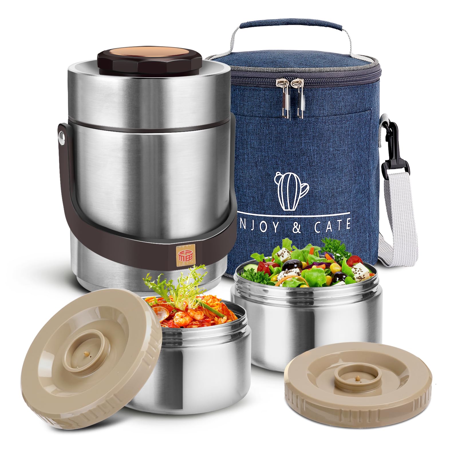 Pawovdeq 51 oz Adults Stainless Steel Vacuum Insulated Wide Mouth Soup Food Thermos Hot Food Jar with Keep Thermal Portable 2 Tier Stackable Bento Hot Food Containers Lunch Boxes (51 oz Silver)