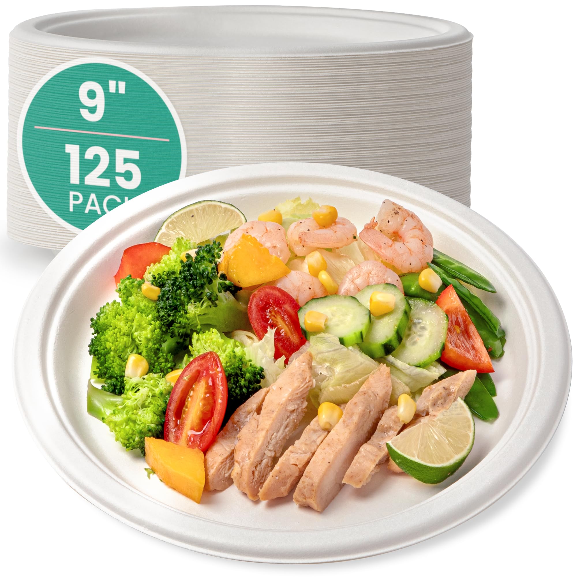Fit Meal Prep 125 Pack Compostable Paper Plates 9" Biodegradable Round Plates Heavy Duty Eco Friendly Disposable Sugarcane Plate for Dinner Party Wedding Freezer Microwave Safe White