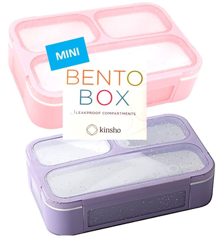 Kids Glitter Snack Container - Mini Bento Lunch-Box Small Leakproof Container Boxes for Toddlers Girls Snacks Lunches 3 Compartment - School Daycare Portion Containers Pink Purple Sparkle Set of 2