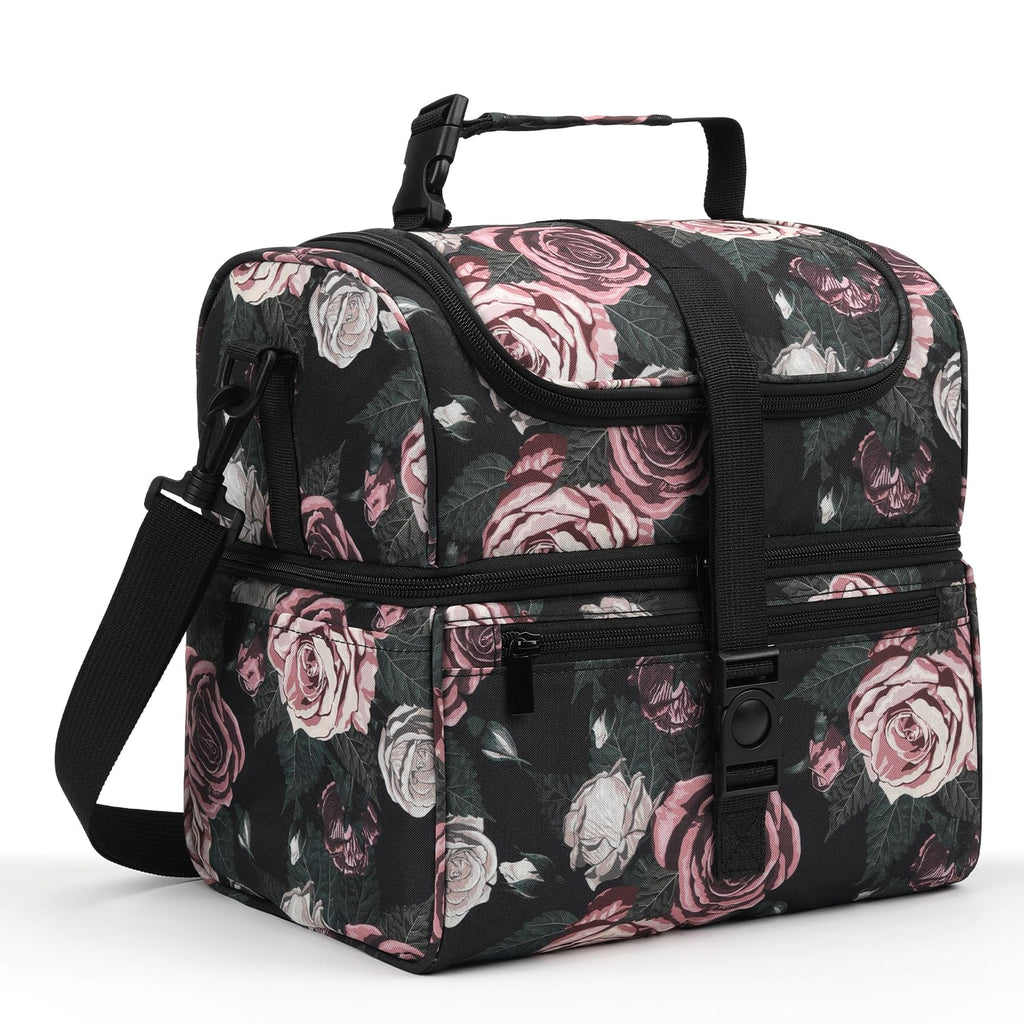 PBRO Double Deck Insulated Lunch Bag for WomenLarge Reusable Lunch Box with Adjustable Shoulder BeltSide PocketsCute Purple Floral Leakproof Lunch Tote Cooler Bag for Adult PicnicWorking -Purple
