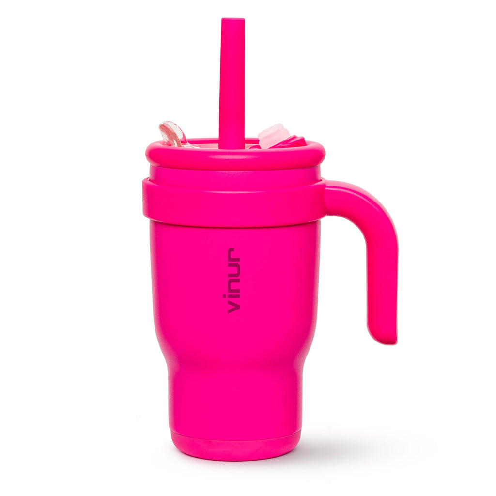 VINUR 14 oz Kids Tumbler with Handle Stainless Steel Double Wall Vacuum Insulated Tumbler Travel Water Cup with Lid and Straw(Rose Pink)