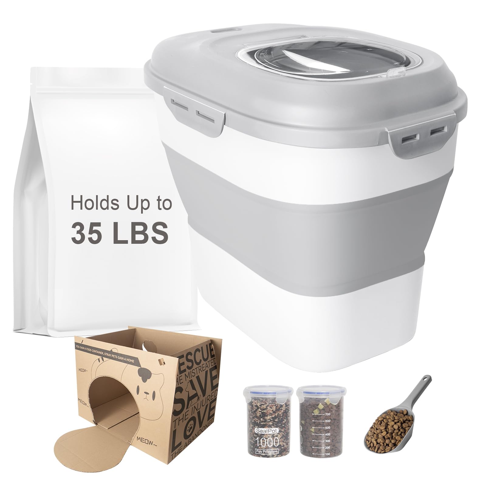 HOYTAMDAR 35LBS Collapsible Dog Food Storage Container Pet Dog Pantry Large Containers Bin with WheelsScoop & 2pcs Food Storage Containers Kitchen Cereal Flour Rice Leakproof Dry Holder-Grey