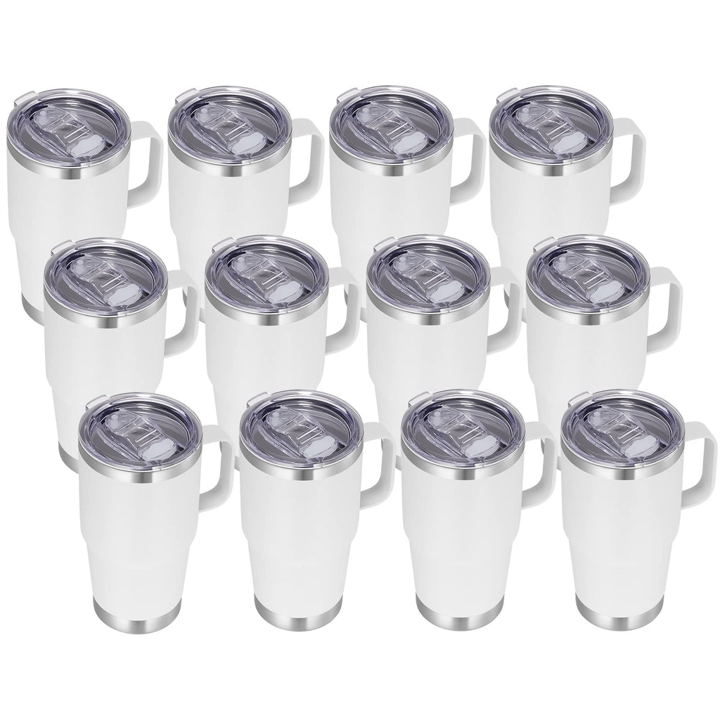 VEGOND 20 oz Tumbler Bulk with Handle Lid and Straw Stainless Steel Insulated Travel Coffee Mug Set Spill Proof Double Wall Metal Tumblers Cups New White 12 Pack