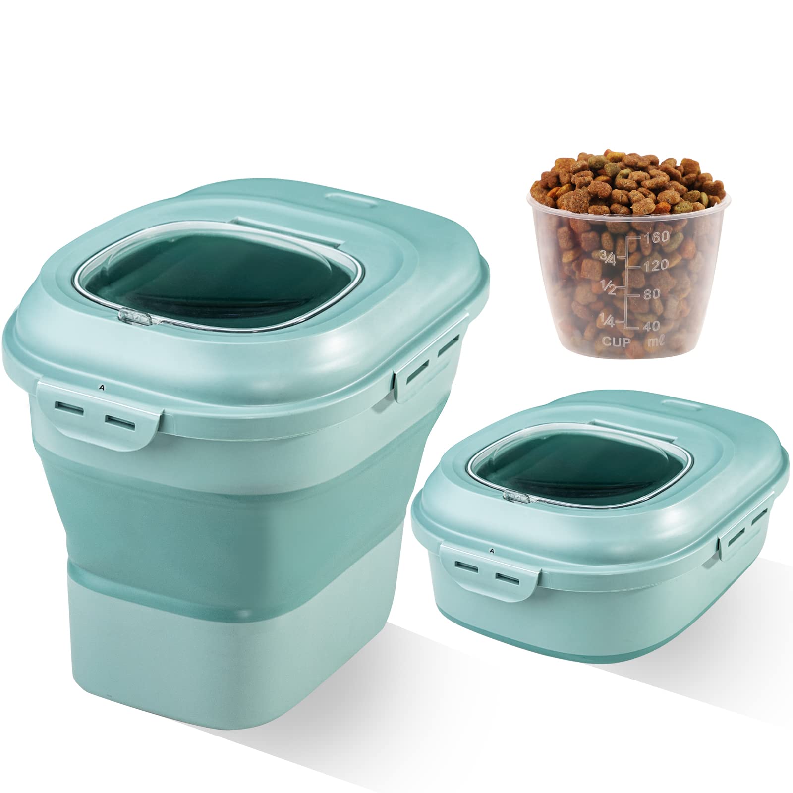 SUT Green Dog Food Storage Container with lids30 Lbs Collapsible Pet Cat Storage Container with Wheels 50 Lbs Airtight Food Storage Containers for Cereal Flour Rice Leakproof Sealable Dry Holder