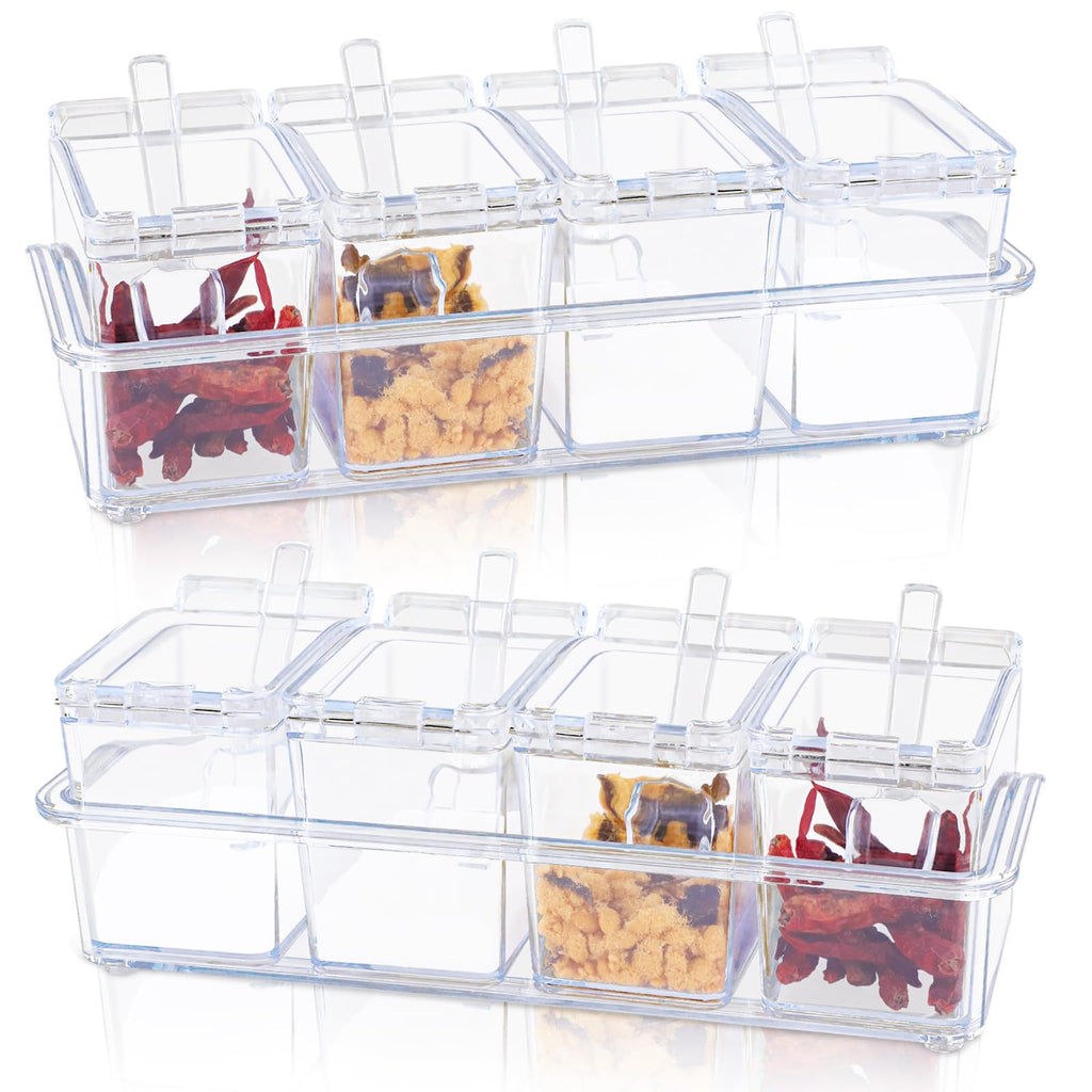 SHAIDOJIO Clear Seasoning Box 8 Piece Seasoning Rack Spice Pots Plastic Storage Container Condiment Jars with Lids and Spoon Kitchen Organization Containers for Spice Salt Sugar Cruet (2 Set)
