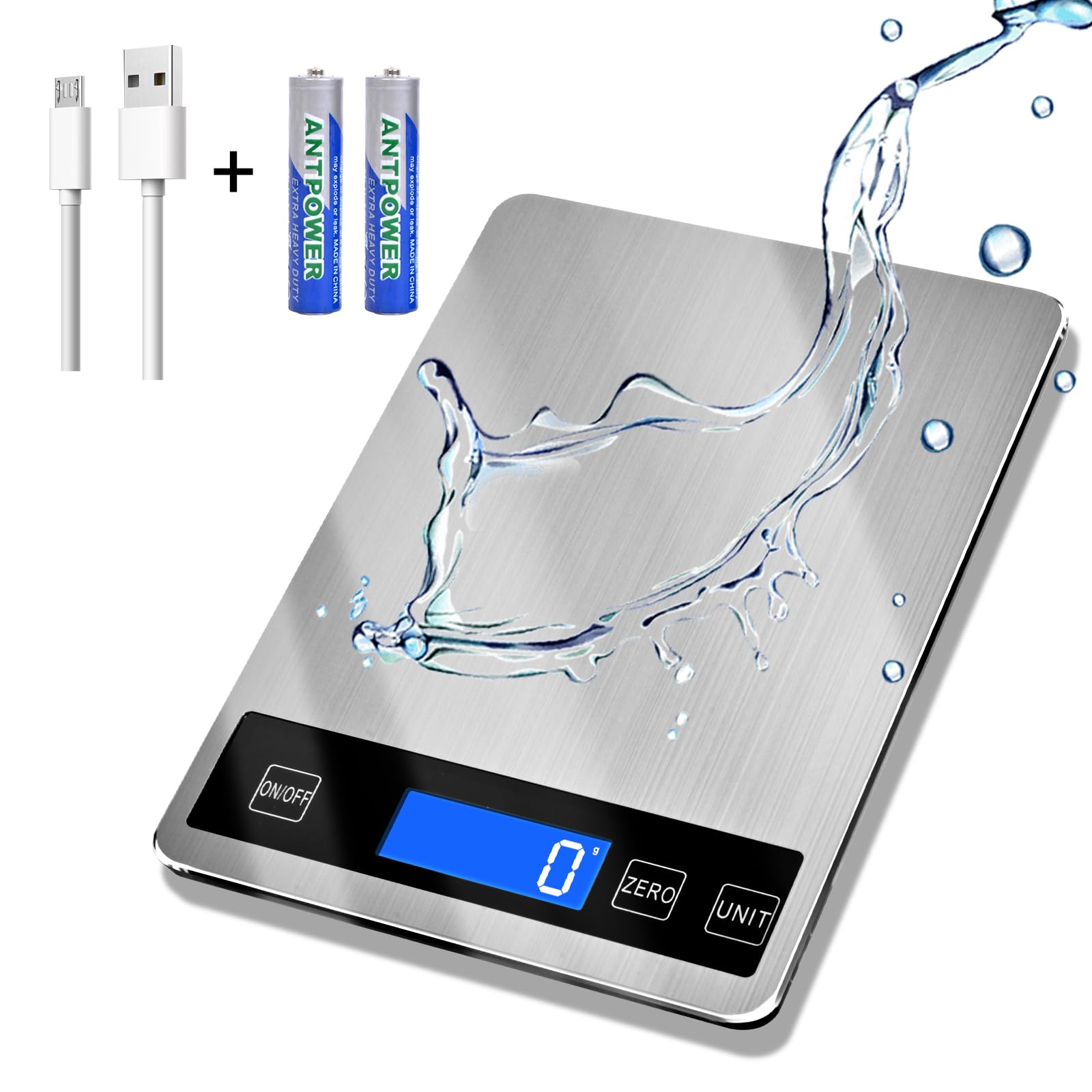 33lb Food Scale Digital Kitchen Scale Batteries and USB Charging1g/0.05oz Precise Graduation Waterproof Stainless Steel with LCD Display Weight Grams and oz for Cooking Baking (Stainless Steel)