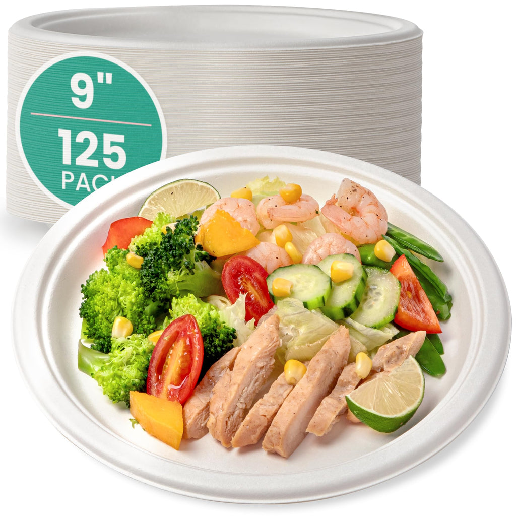 Fit Meal Prep 125 Pack Compostable Paper Plates 9" Biodegradable Round Plates Heavy Duty Eco Friendly Disposable Sugarcane Plate for Dinner Party Wedding Freezer Microwave Safe White