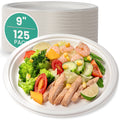 Fit Meal Prep 125 Pack Compostable Paper Plates 9" Biodegradable Round Plates Heavy Duty Eco Friendly Disposable Sugarcane Plate for Dinner Party Wedding Freezer Microwave Safe White