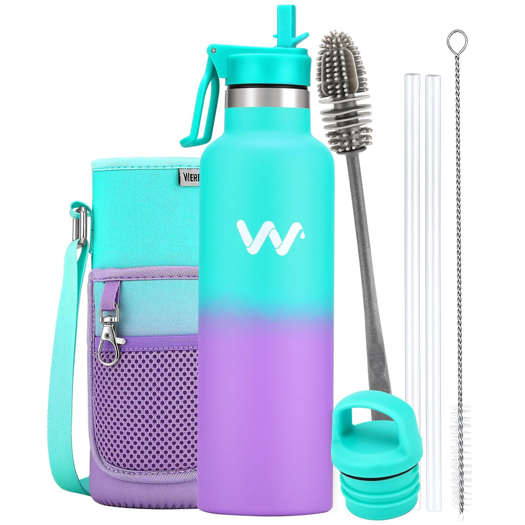 WEREWOLVES Insulated Water Bottle with Straw Lid & Handle Lid Stainless Steel Water Bottle with Carrier Bag Holder Reusable Vacuum Narrow Mouth Leak-Proof Bottle for Biking