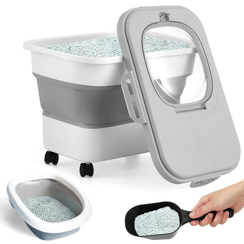 Juexica Collapsible Cat Litter Storage Bin Container with Airtight Lids Portable Cat Litter Storage Container with Wheels Kitchen Cereal Rice Leakproof Sealable