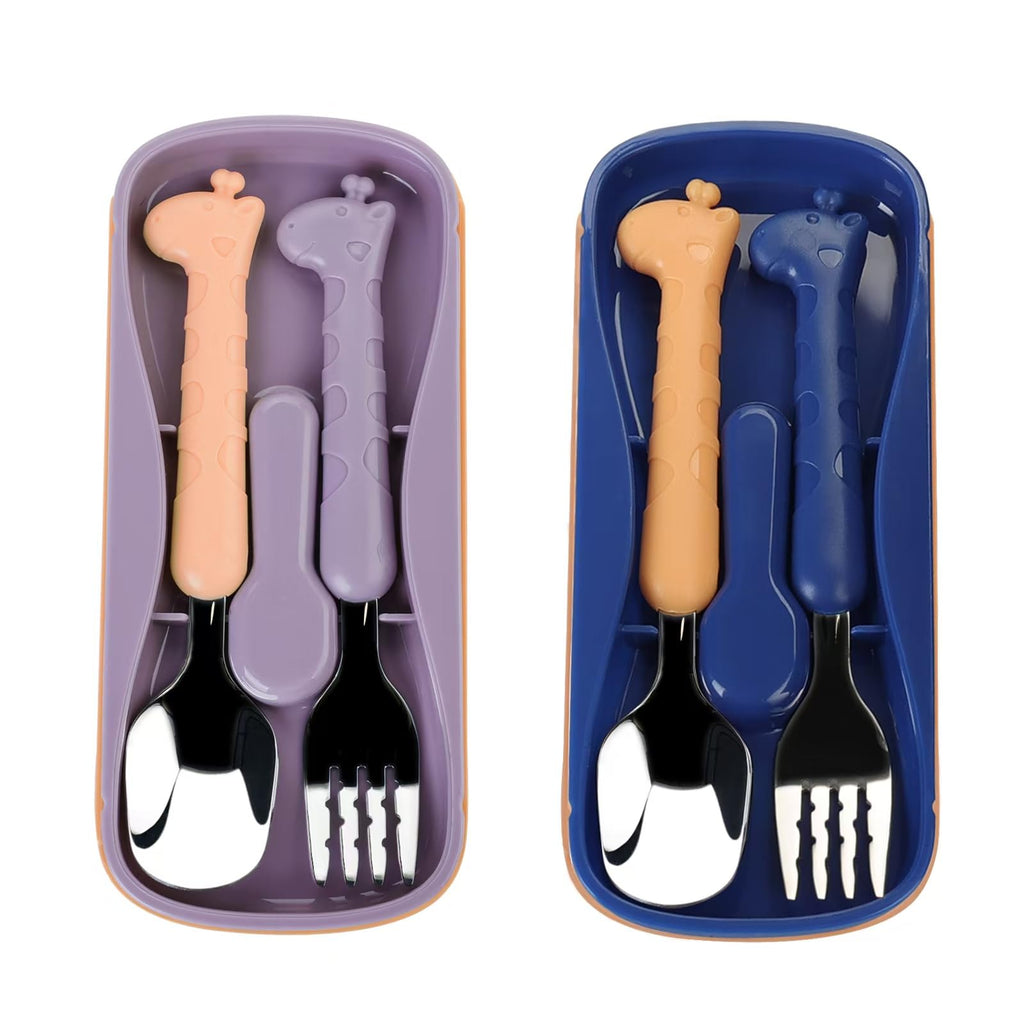FUNNUO Stainless Steel Kids Cartoon Cutlery Set With Portable Case Kid Spoon and Fork Set Safe Toddler Utensil Set for Children Self-Feeding (2 BLue and Purple)