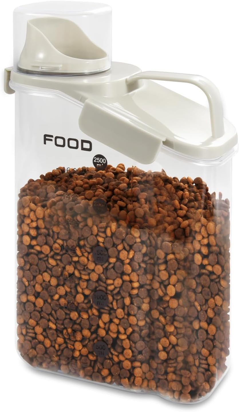 P-ZOONPE Dog Food Storage Container 3-4lbs Pet Food Container with Airtight Pour Spout Cat Food Storage Container with Measuring Cups Portable Pet Food Container for Dogs Cats Birds（White）