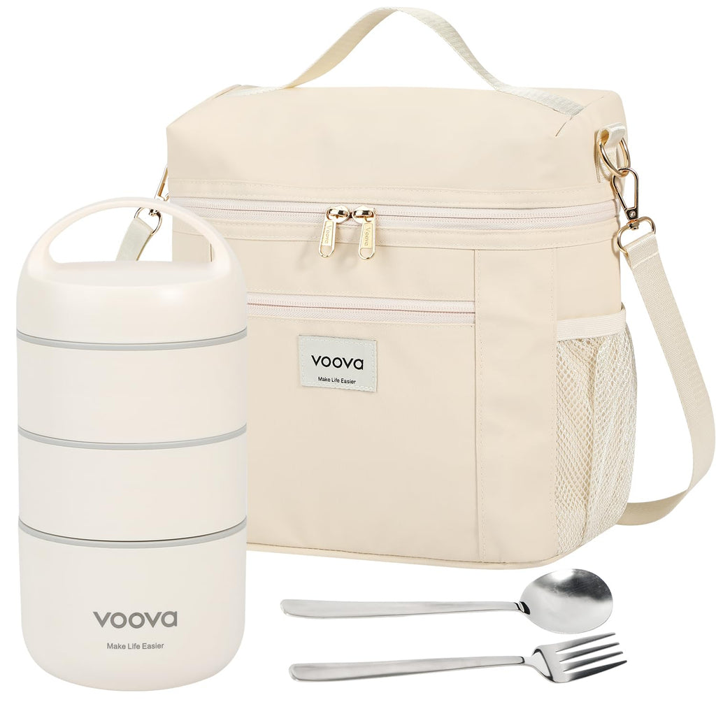 Voova Stackable Stainless Steel Thermal Lunch Box with Lunch Bag and cutlery